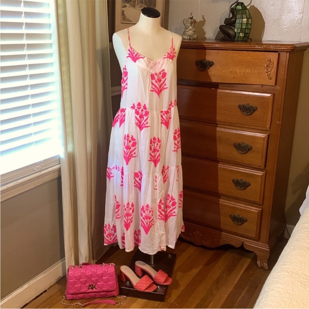 SZ Blockprints Hot Pink and White Lined Dress Size M